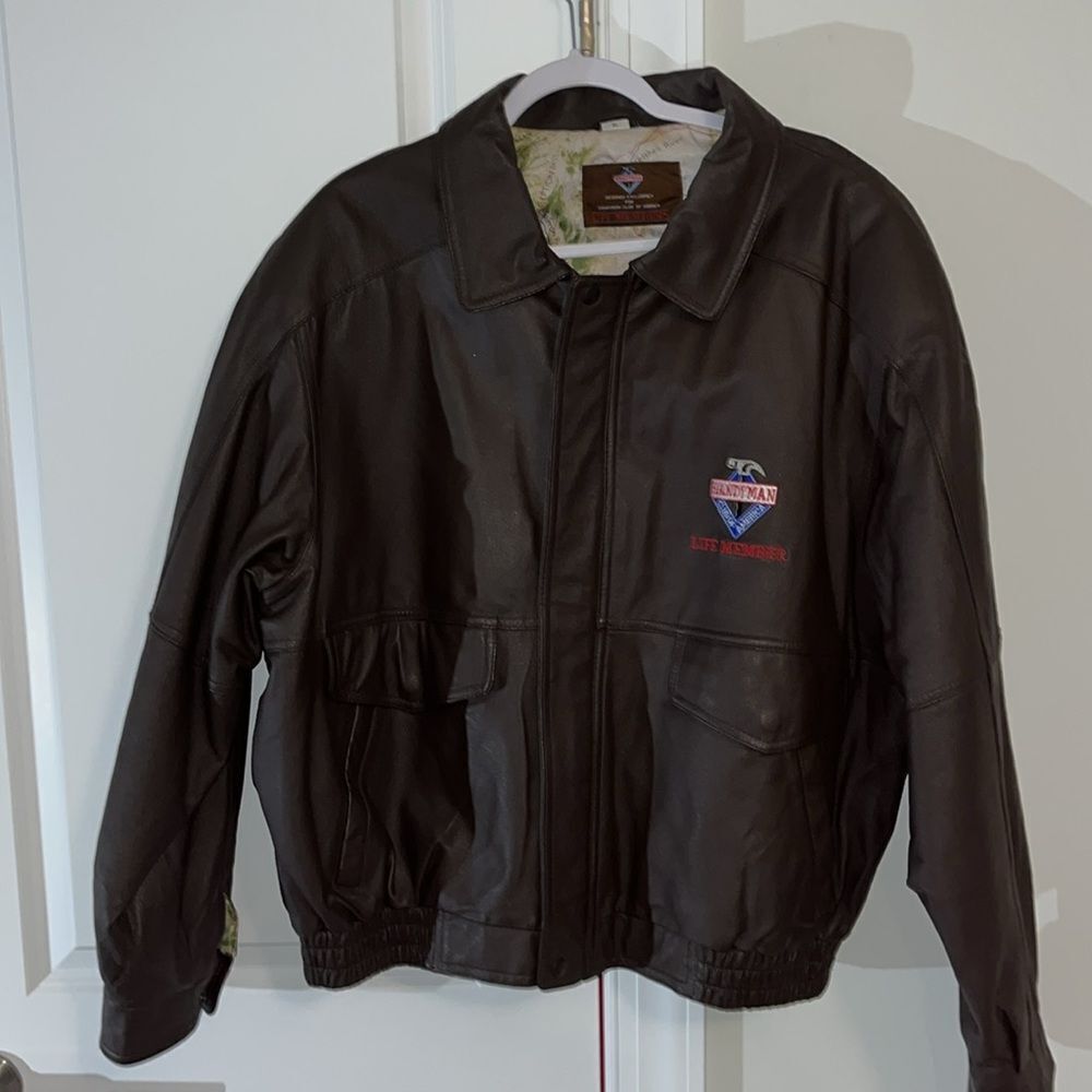 New Handyman Of America Life Member Brown Leather Work Bomber Jacket XL NWOT